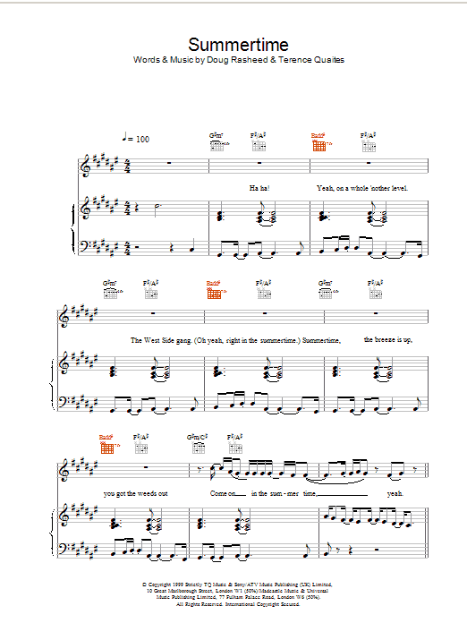 Another Level Summertime sheet music notes and chords arranged for Piano, Vocal & Guitar Chords