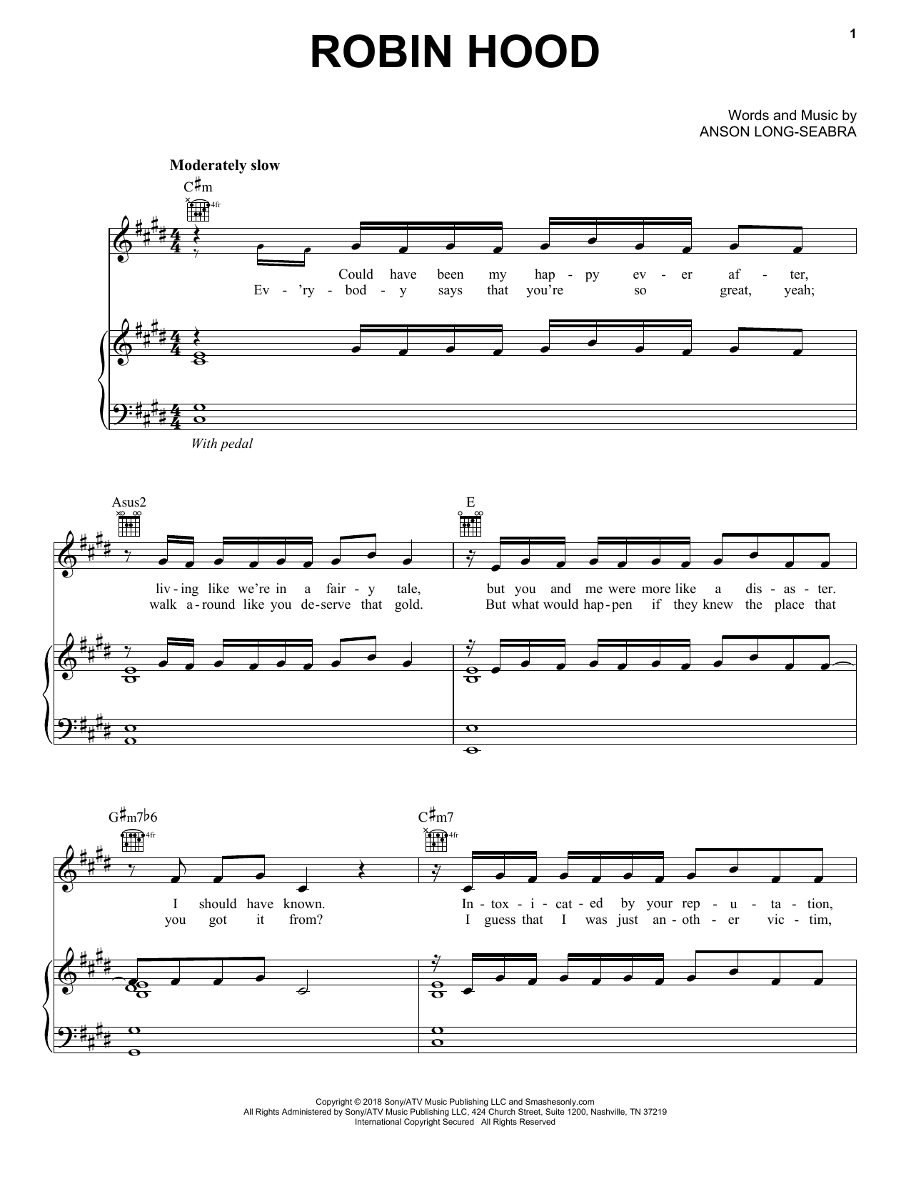 Anson Seabra Robin Hood sheet music notes and chords arranged for Piano, Vocal & Guitar Chords (Right-Hand Melody)