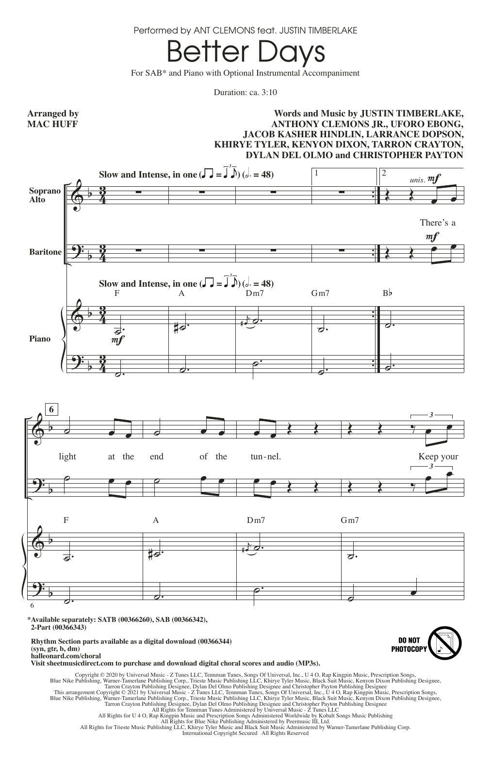 Ant Clemons feat. Justin Timberlake Better Days (arr. Mac Huff) sheet music notes and chords arranged for SAB Choir
