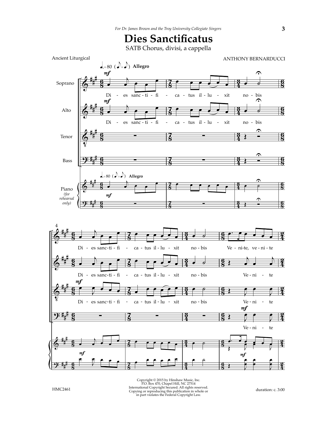 Anthony Bernarducci Dies Sanctificatus sheet music notes and chords arranged for SATB Choir