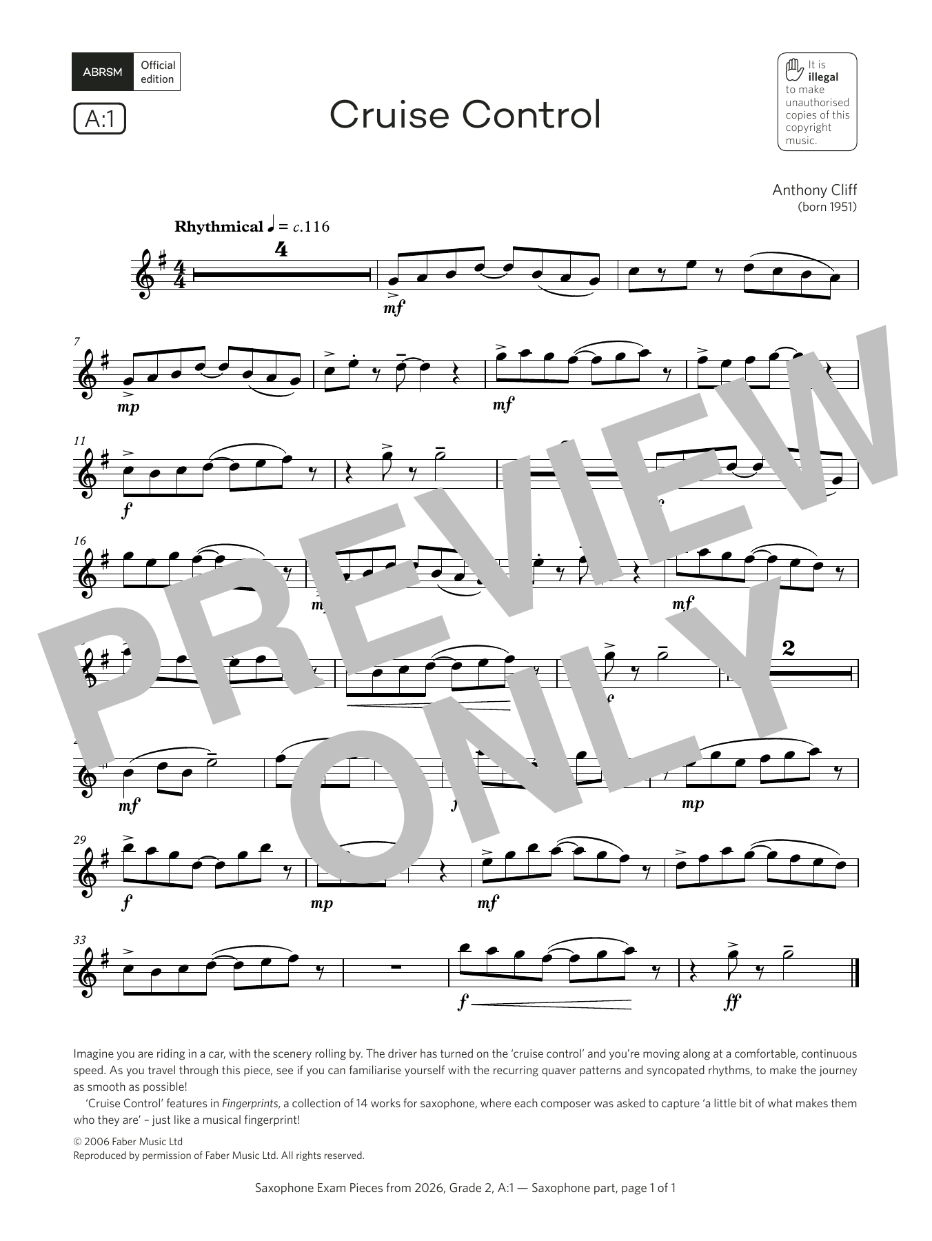 Anthony Cliff Cruise Control (Grade 2, list A1, from the ABRSM Saxophone Syllabus from 2026) sheet music notes and chords arranged for Alto Sax Solo