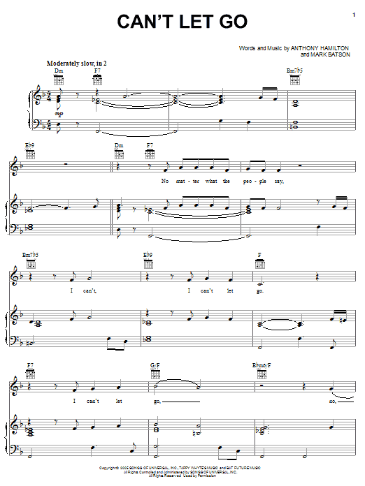 Anthony Hamilton Can't Let Go sheet music notes and chords arranged for Piano, Vocal & Guitar Chords (Right-Hand Melody)