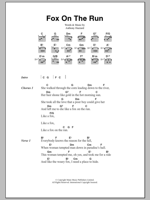 Manfred Mann Fox On The Run sheet music notes and chords arranged for Guitar Chords/Lyrics