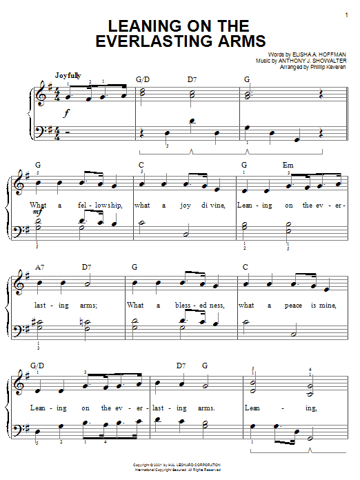 Anthony J. Showalter Leaning On The Everlasting Arms (arr. Phillip Keveren) sheet music notes and chords arranged for Easy Piano