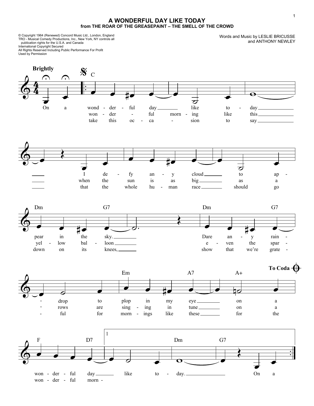 Anthony Newley A Wonderful Day Like Today sheet music notes and chords arranged for Easy Lead Sheet / Fake Book