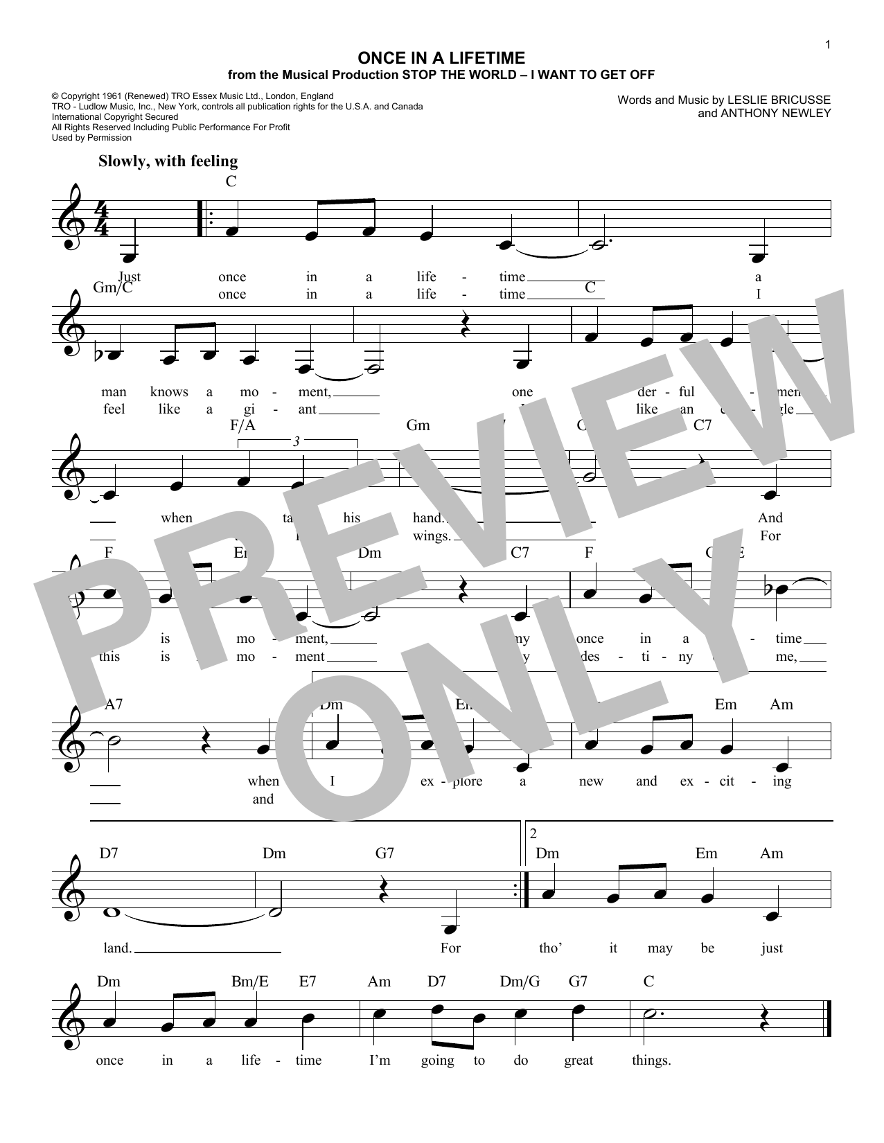 Anthony Newley Once In A Lifetime sheet music notes and chords arranged for Lead Sheet / Fake Book