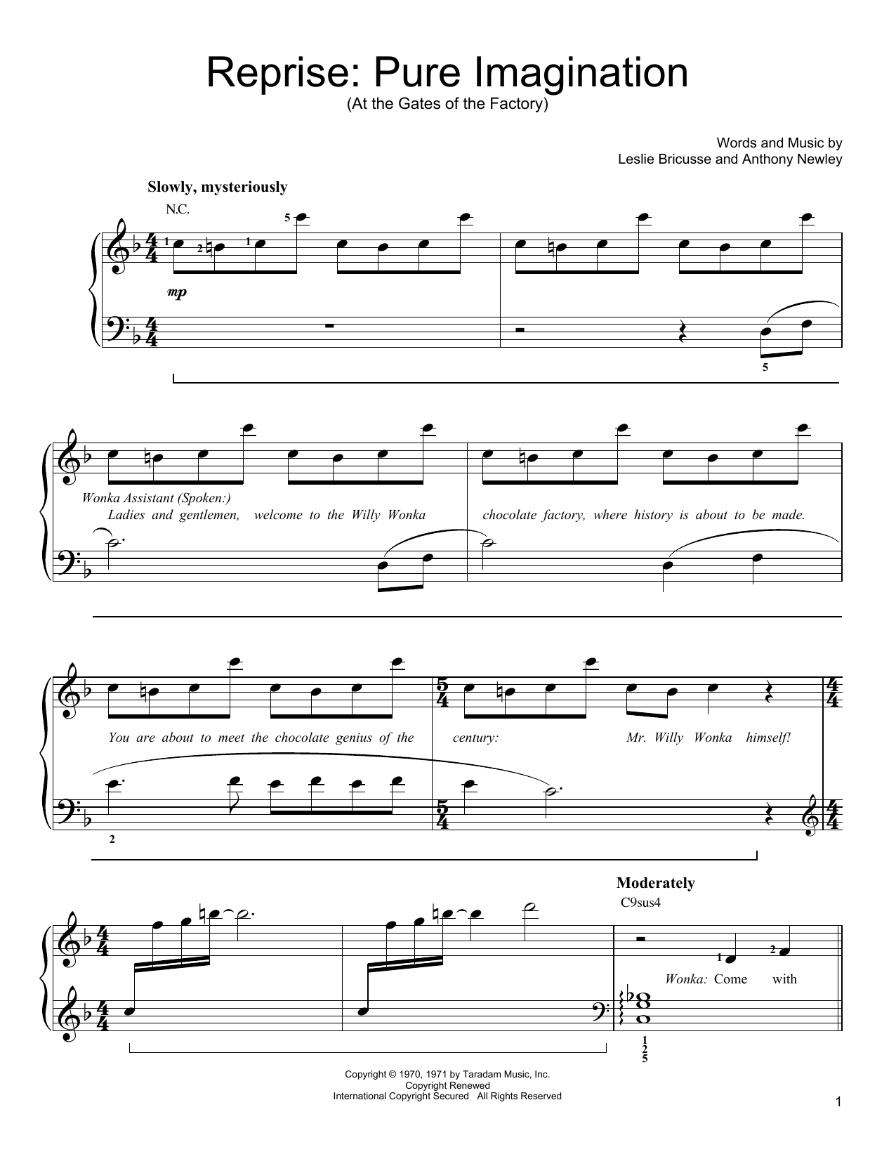 Anthony Newley Reprise: Pure Imagination (At the Gates of the Factory) sheet music notes and chords arranged for Easy Piano