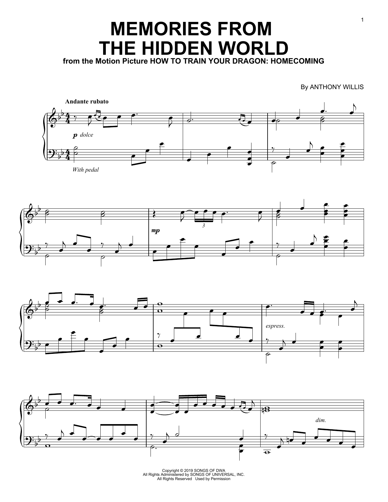 Anthony Willis Memories From The Hidden World (from How To Train Your Dragon: Homecoming) sheet music notes and chords arranged for Easy Piano