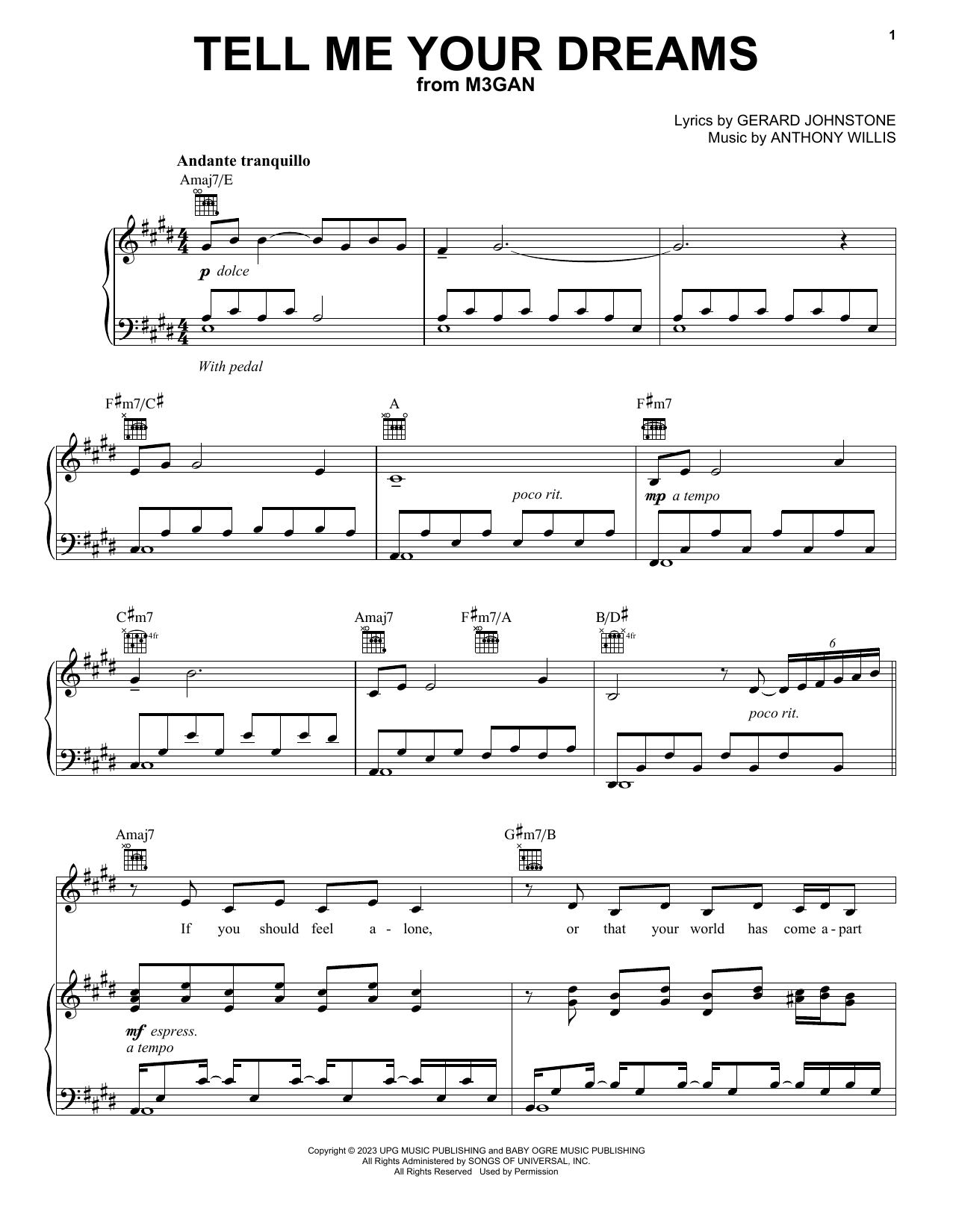 Anthony Willis Tell Me Your Dreams (from M3GAN) sheet music notes and chords arranged for Piano, Vocal & Guitar Chords (Right-Hand Melody)