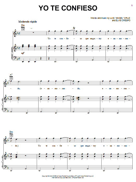Anthony Yo Te Confieso sheet music notes and chords arranged for Piano, Vocal & Guitar Chords (Right-Hand Melody)