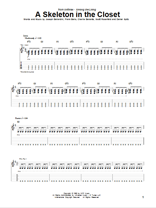 Anthrax A Skeleton In The Closet sheet music notes and chords arranged for Guitar Tab