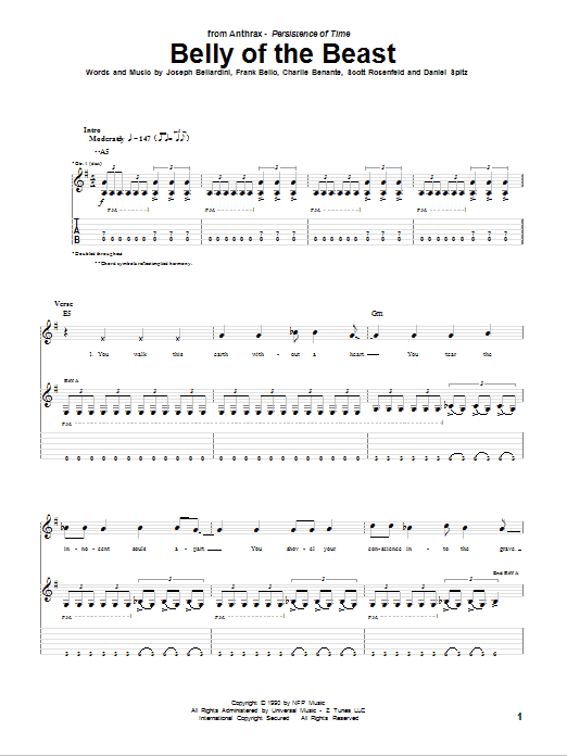 Anthrax Belly Of The Beast sheet music notes and chords arranged for Guitar Tab