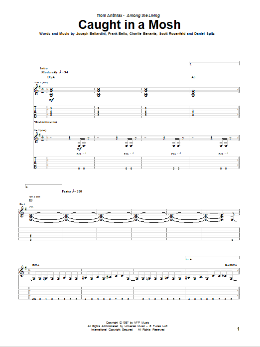 Anthrax Caught In A Mosh sheet music notes and chords arranged for Guitar Tab