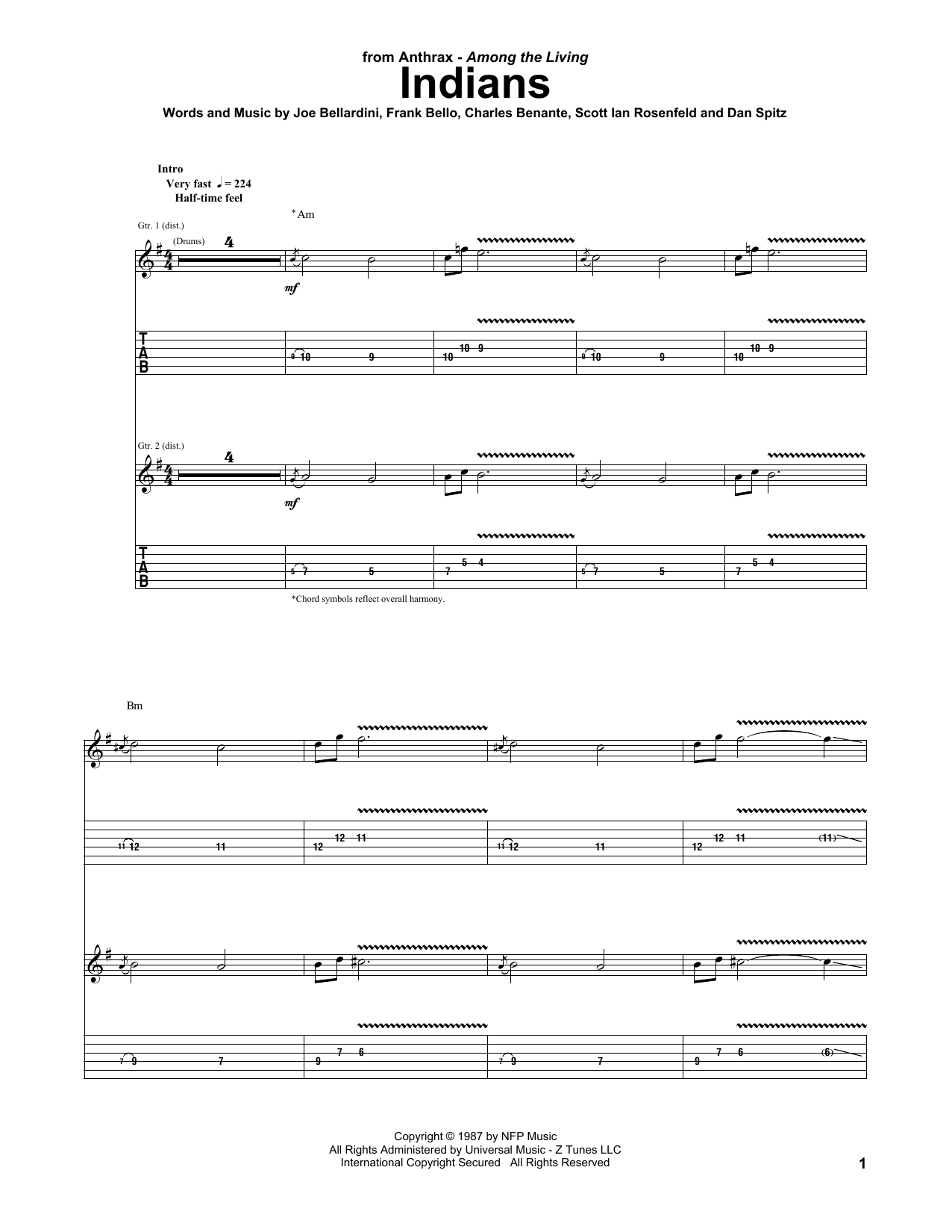 Anthrax Indians sheet music notes and chords arranged for Guitar Tab