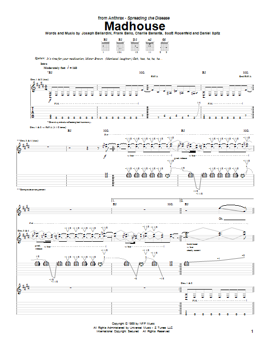 Anthrax Madhouse sheet music notes and chords arranged for Guitar Tab