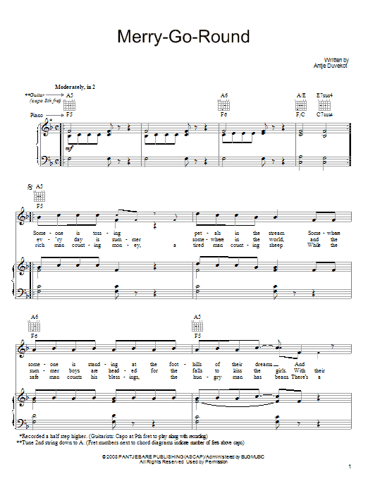 Antje Duvekot Merry-Go-Round sheet music notes and chords arranged for Piano, Vocal & Guitar Chords (Right-Hand Melody)