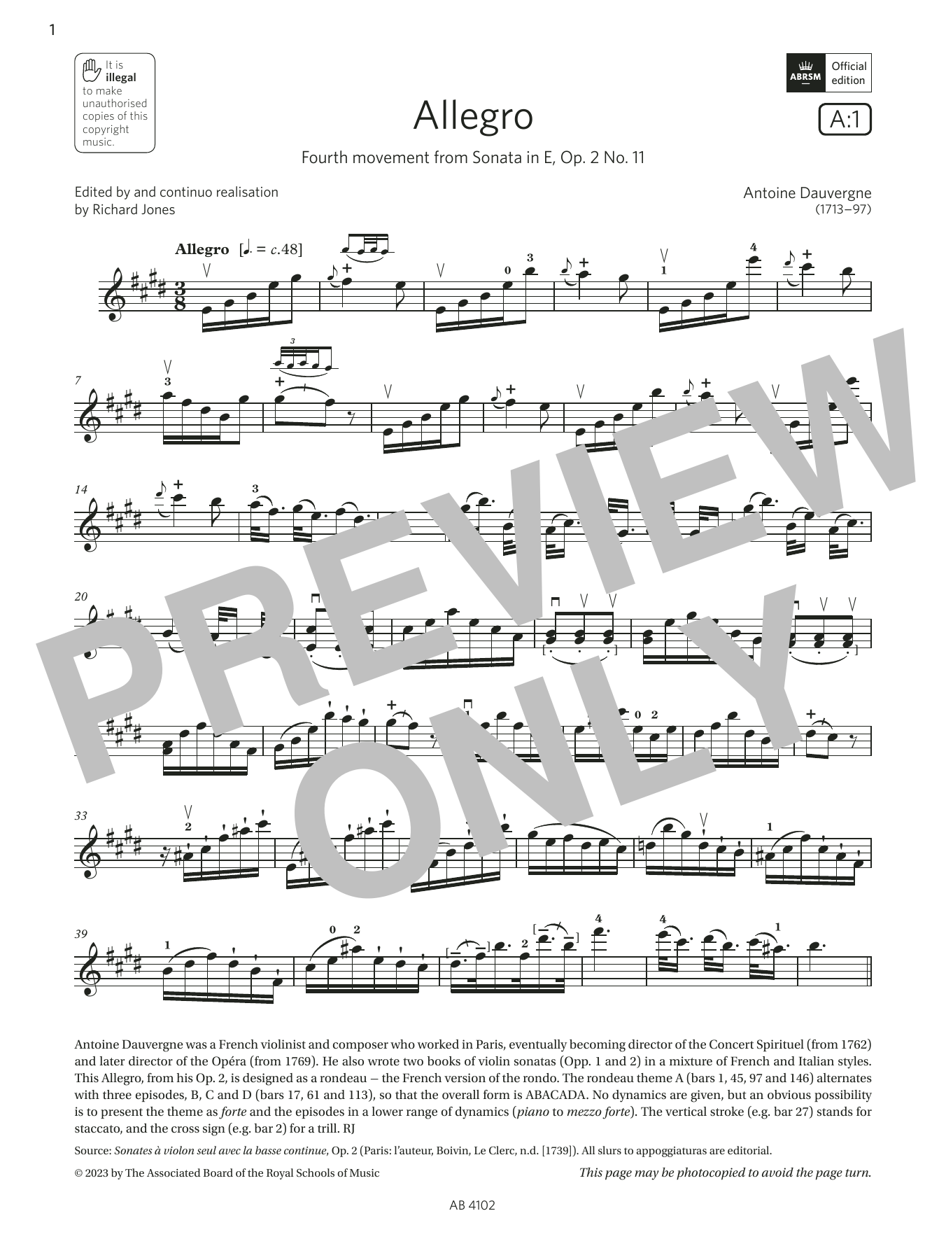 Antoine Dauvergne Allegro (Grade 8, A1, from the ABRSM Violin Syllabus from 2024) sheet music notes and chords arranged for Violin Solo