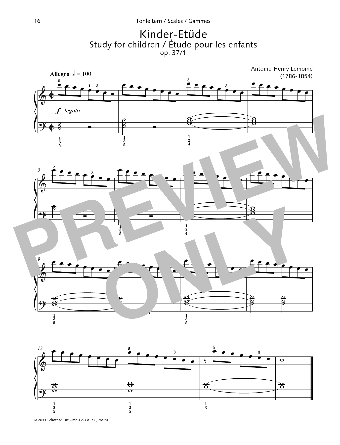 Antoine-Henry Lemoine Study for children sheet music notes and chords arranged for Piano Solo