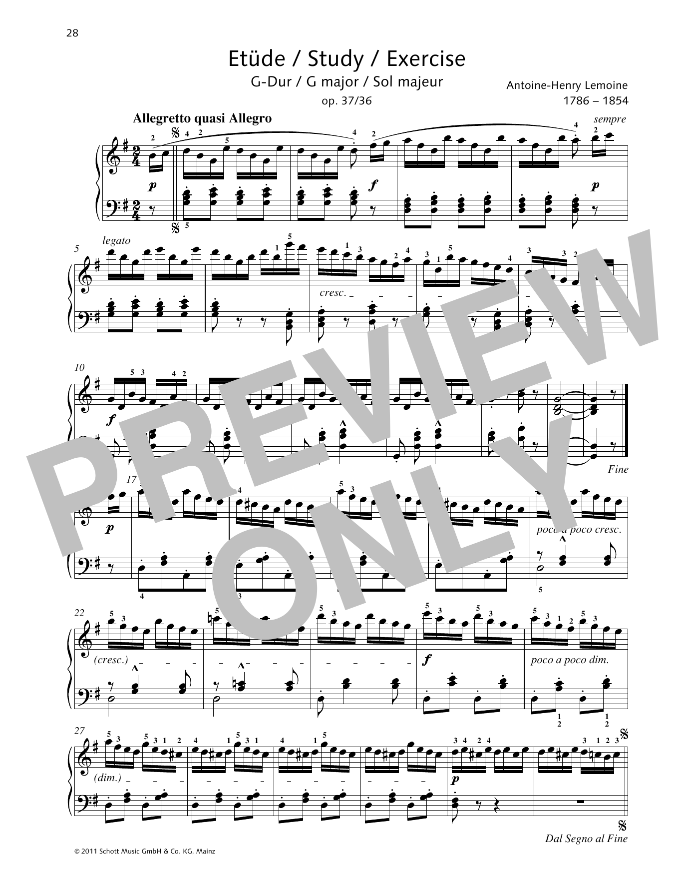 Antoine-Henry Lemoine Study G major sheet music notes and chords arranged for Piano Solo