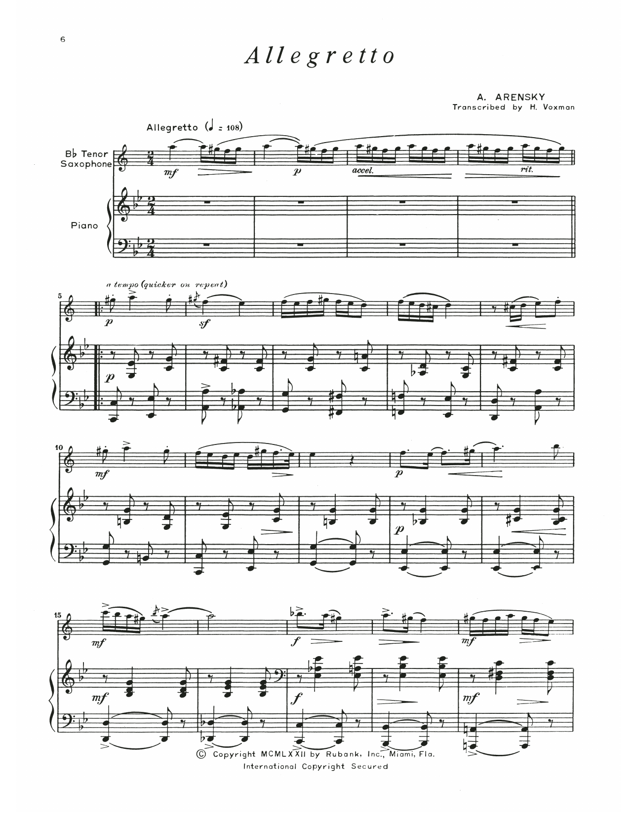 Anton Arensky Allegretto sheet music notes and chords arranged for Tenor Sax and Piano