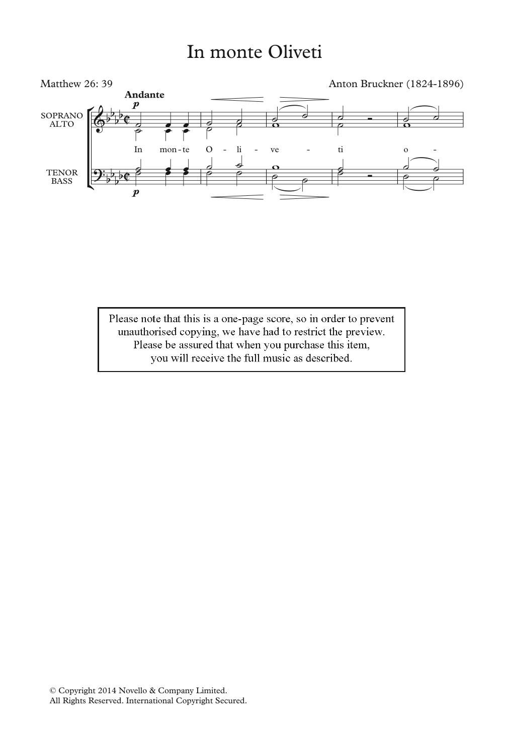 Anton Bruckner In Monte Oliveti sheet music notes and chords arranged for Choir
