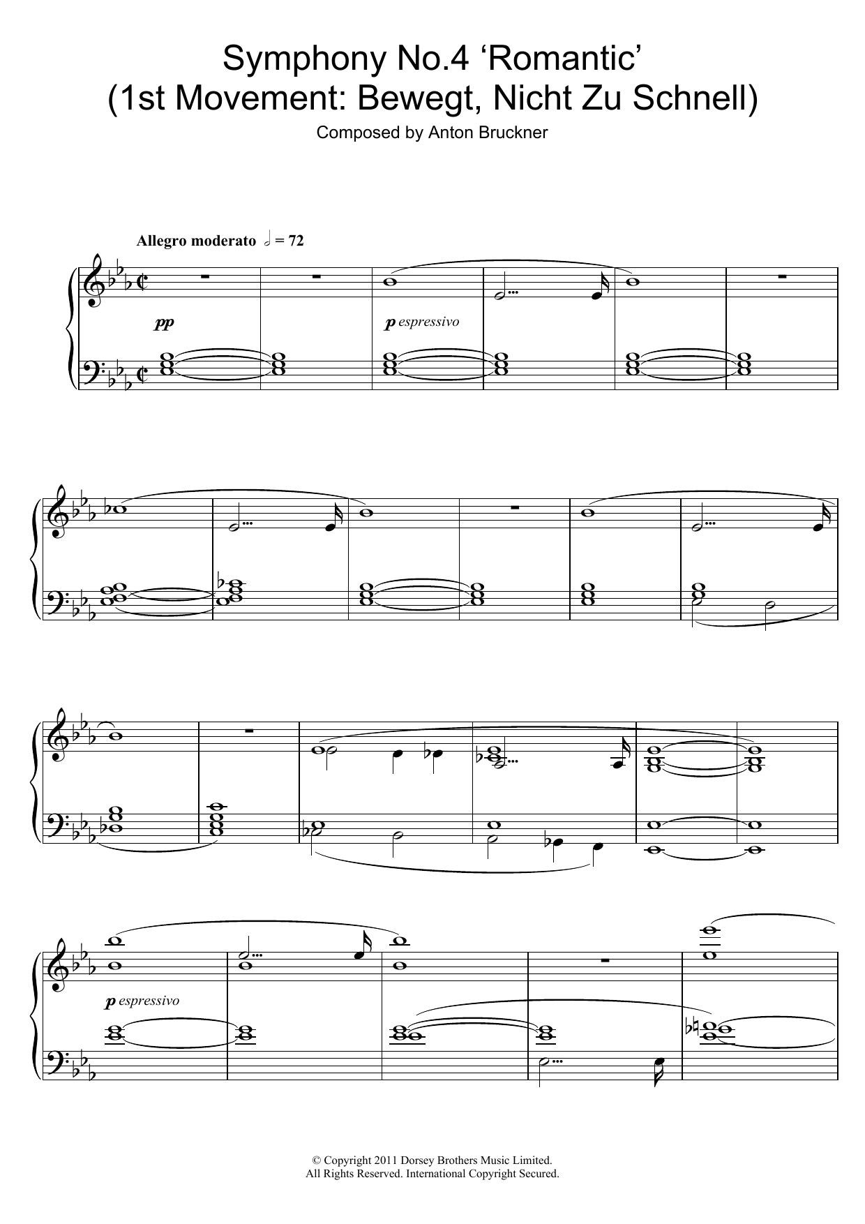 Anton Bruckner Symphony No.4 'Romantic' (1st Movement: Bewegt, Nicht Zu Schnell) sheet music notes and chords arranged for Piano Solo