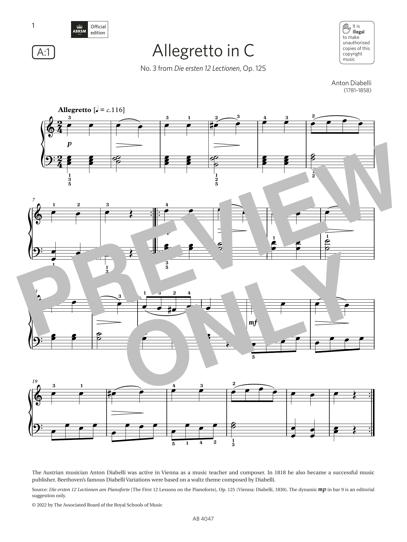 Anton Diabelli Allegretto in C (Grade 1, list A1, from the ABRSM Piano Syllabus 2023 & 2024) sheet music notes and chords arranged for Piano Solo