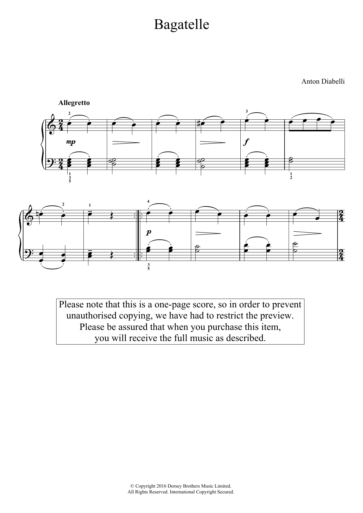 Anton Diabelli Bagatelle sheet music notes and chords arranged for Easy Piano