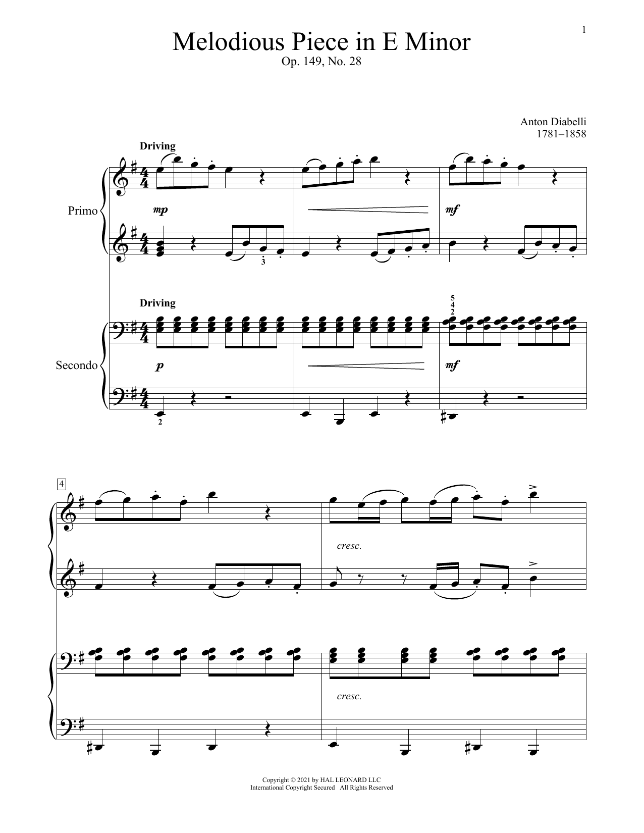 Anton Diabelli Melodious Piece In E Minor, Op. 149, No. 28 sheet music notes and chords arranged for Piano Duet