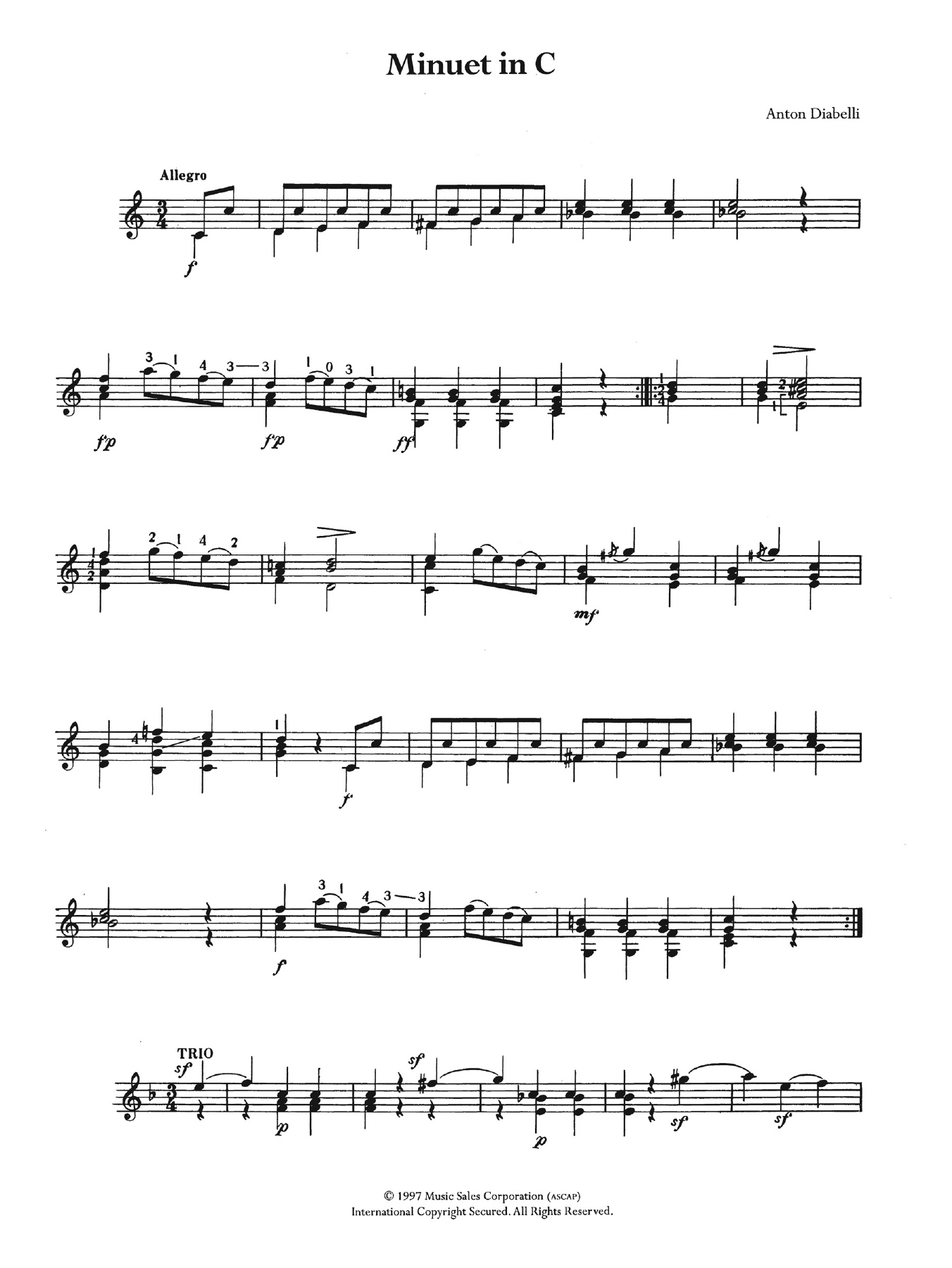 Anton Diabelli Minuet In C sheet music notes and chords arranged for Easy Guitar