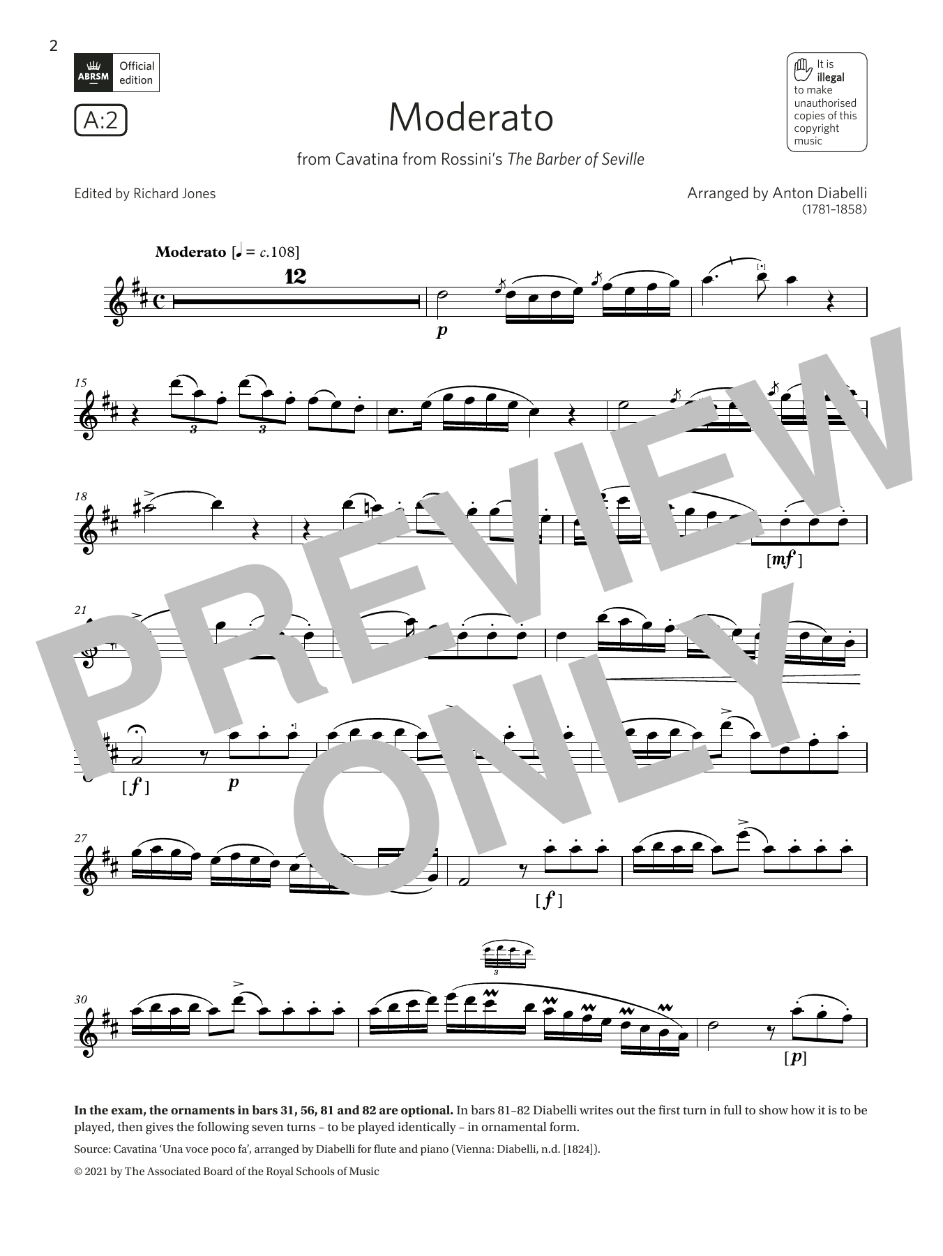 Anton Diabelli Moderato (from Rossini's The Barber of Seville)(Grade 7 A2 from the ABRSM Flute syllabus from 2022) sheet music notes and chords arranged for Flute Solo