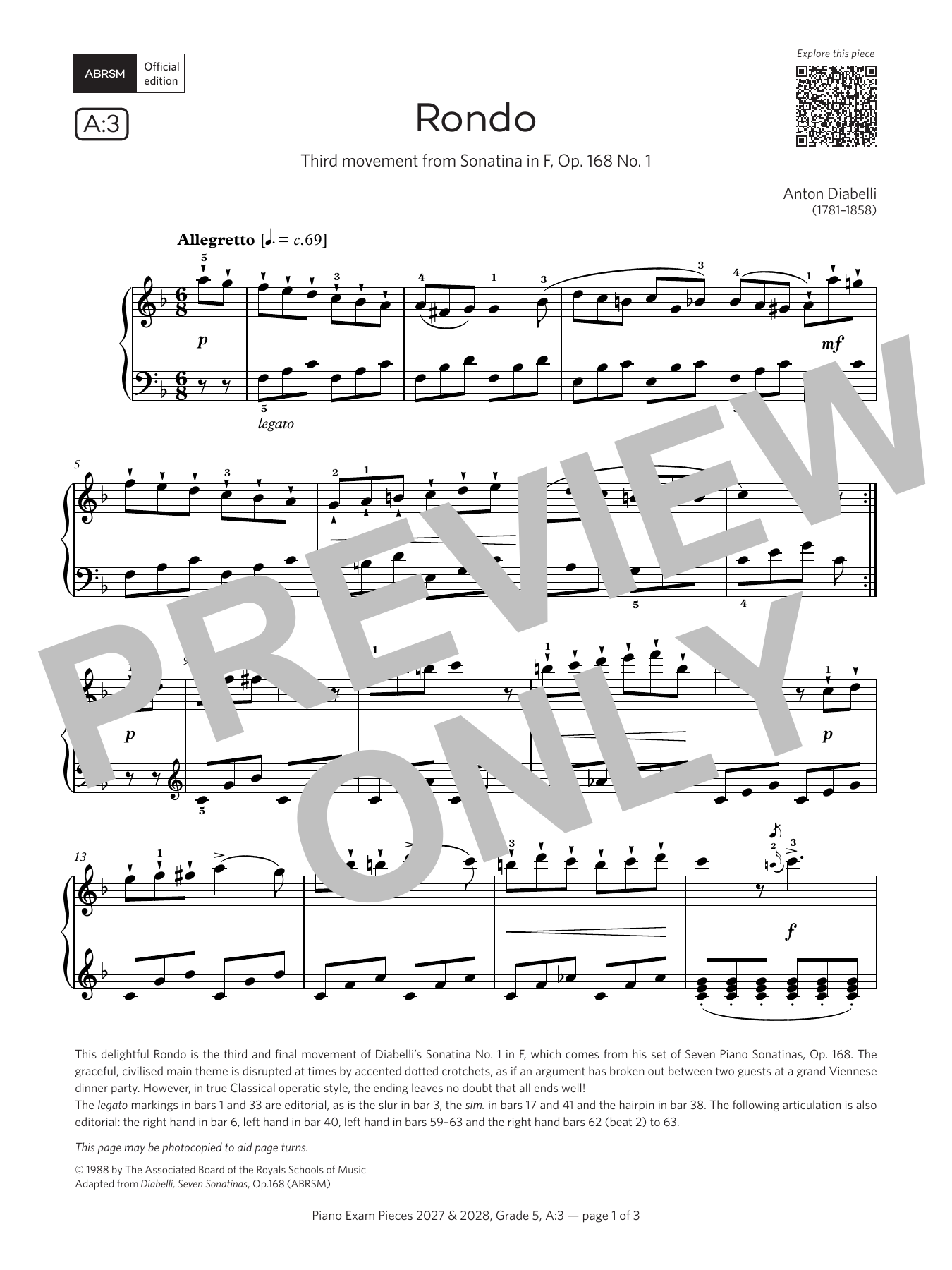 Anton Diabelli Rondo (Grade 5, list A3, from the ABRSM Piano Syllabus 2027 & 2028) sheet music notes and chords arranged for Piano Solo