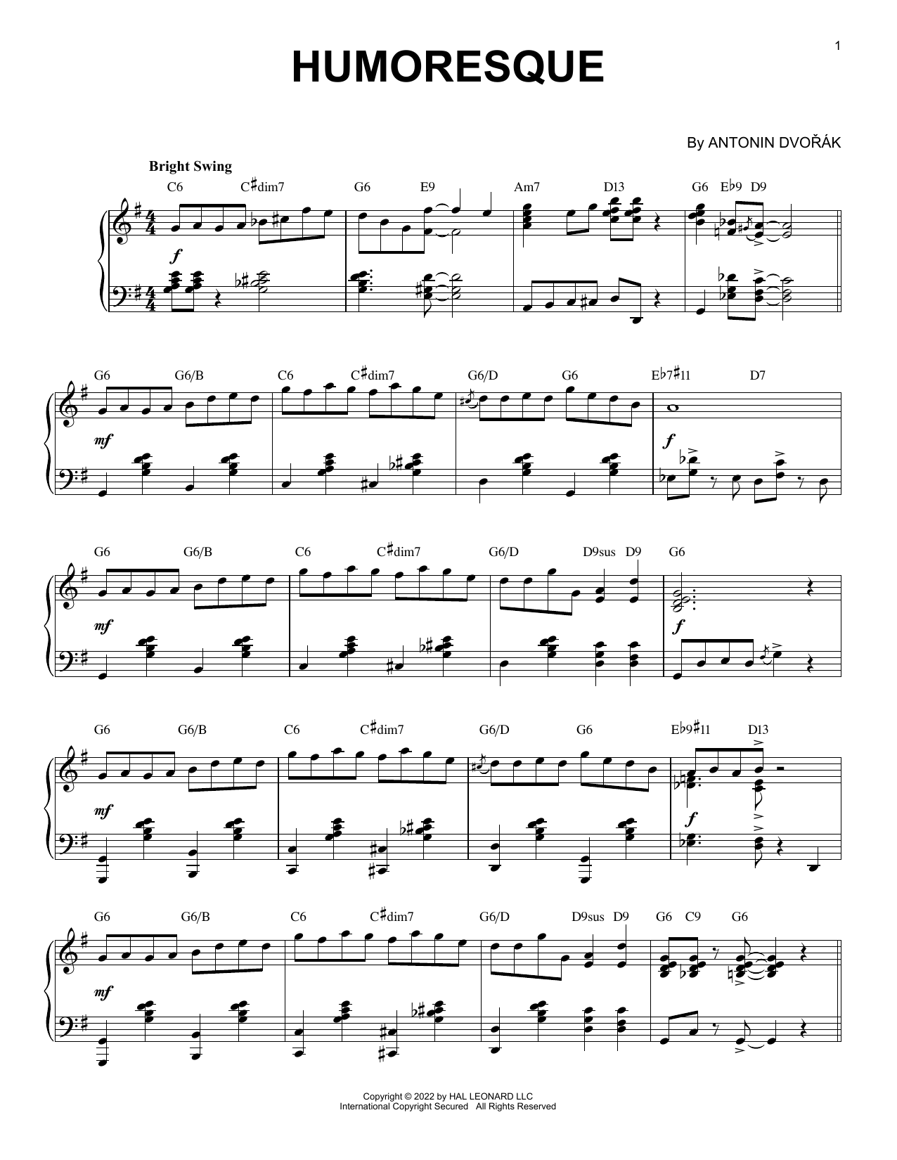 Anton Dvorak Humoresque [Jazz version] (arr. Brent Edstrom) sheet music notes and chords arranged for Piano Solo