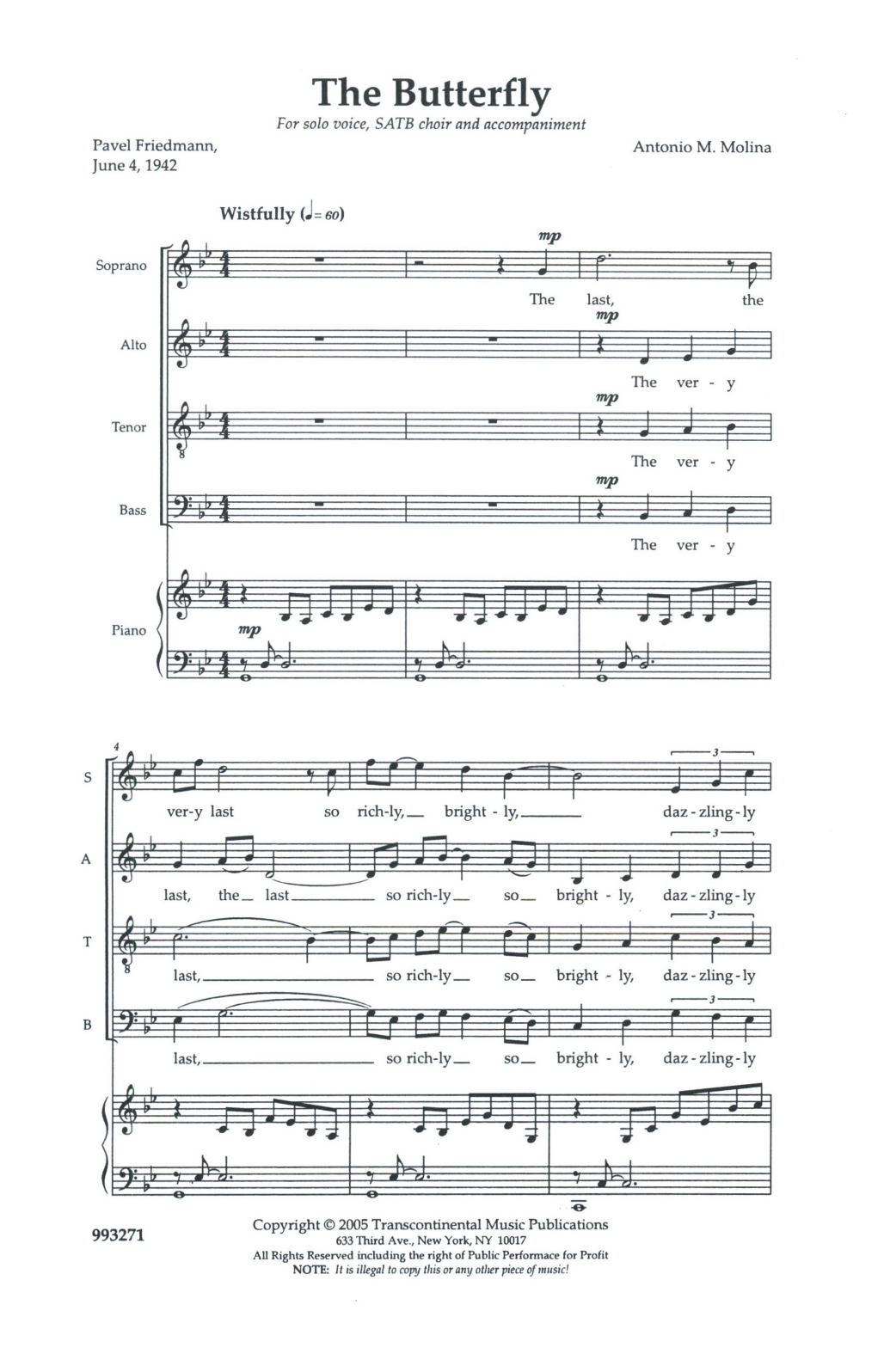Anton Molina The Butterfly sheet music notes and chords arranged for SATB Choir