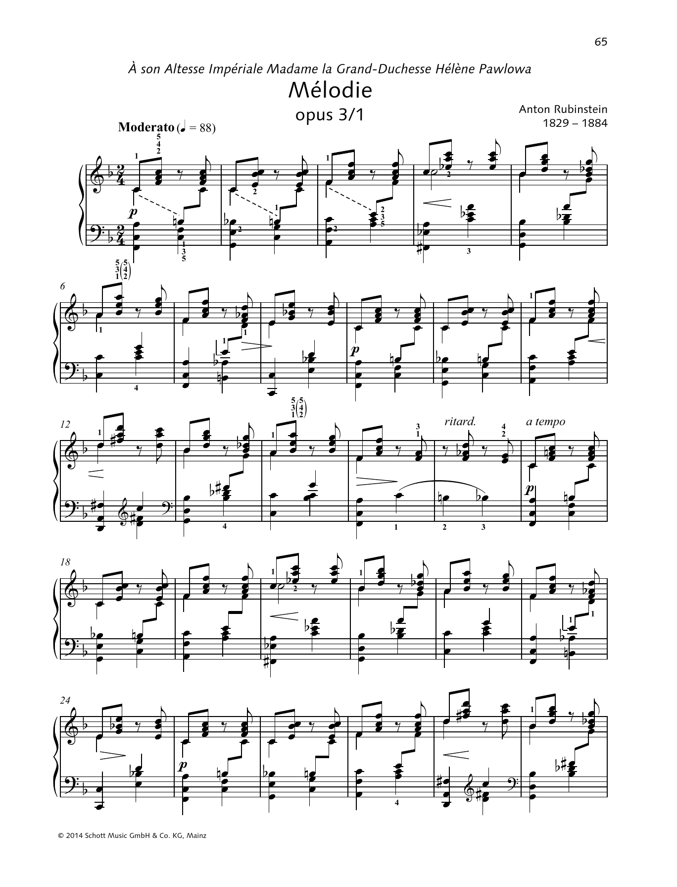 Anton Rubinstein Melodie sheet music notes and chords arranged for Piano Solo