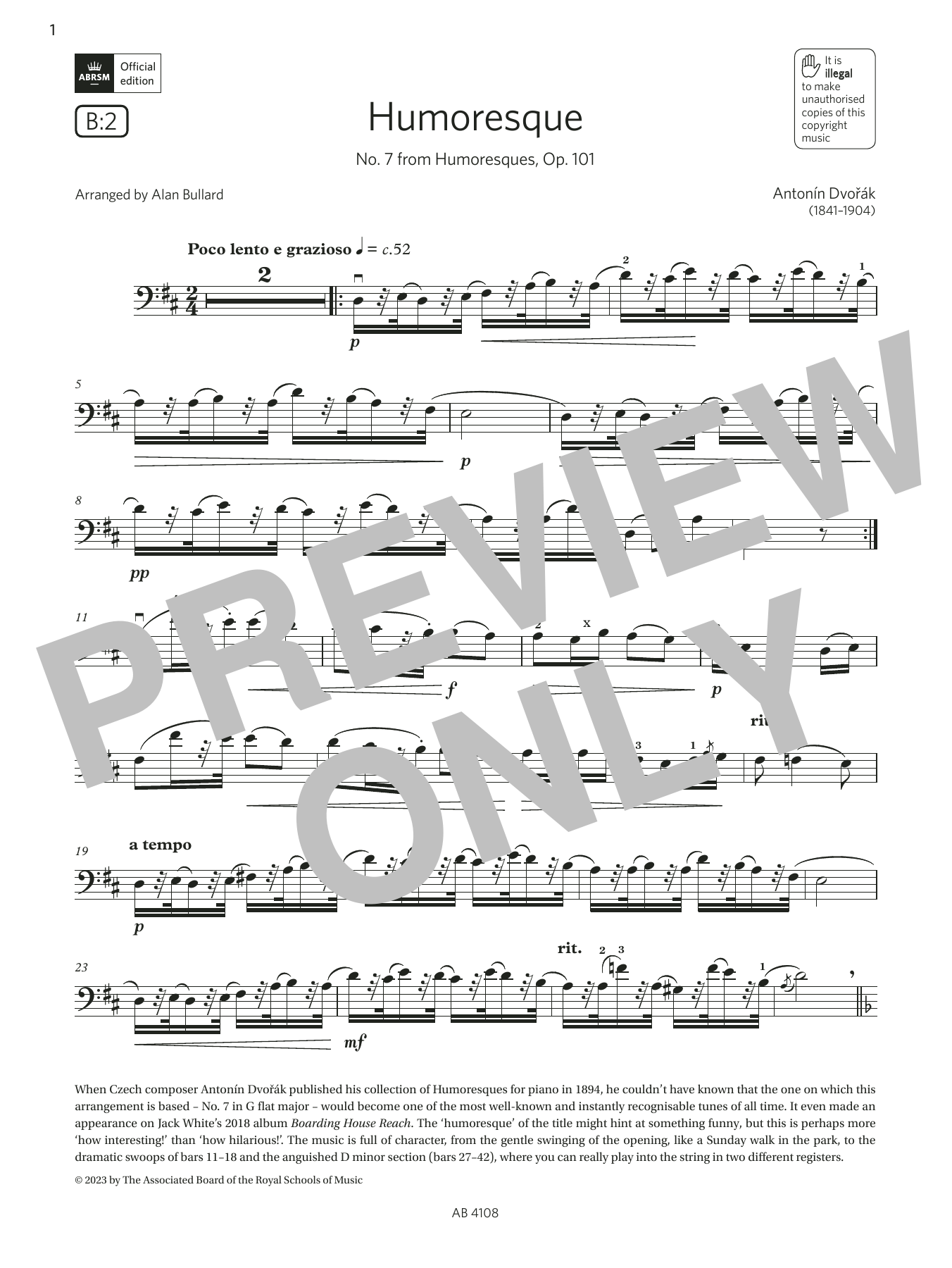 Antonín Dvořák Humoresque (Grade 5, B2, from the ABRSM Cello Syllabus from 2024) sheet music notes and chords arranged for Cello Solo