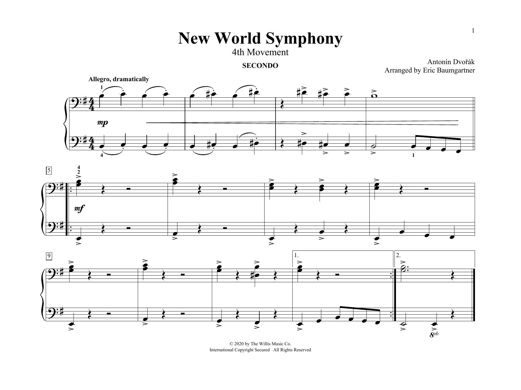 Antonín Dvoøák New World Symphony (4th Movement) (arr. Eric Baumgartner) sheet music notes and chords arranged for Piano Duet