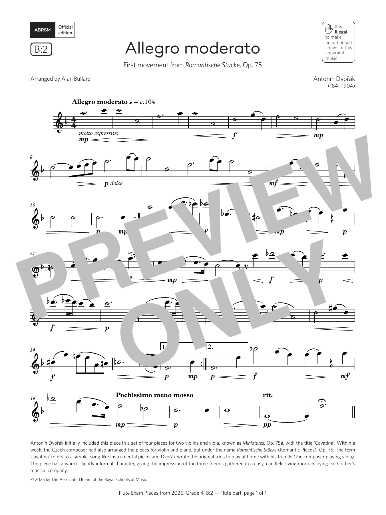 Antonín Dvorák Allegro moderato (Grade 4, list B2, from the ABRSM Flute Syllabus from 2026) sheet music notes and chords arranged for Flute Solo