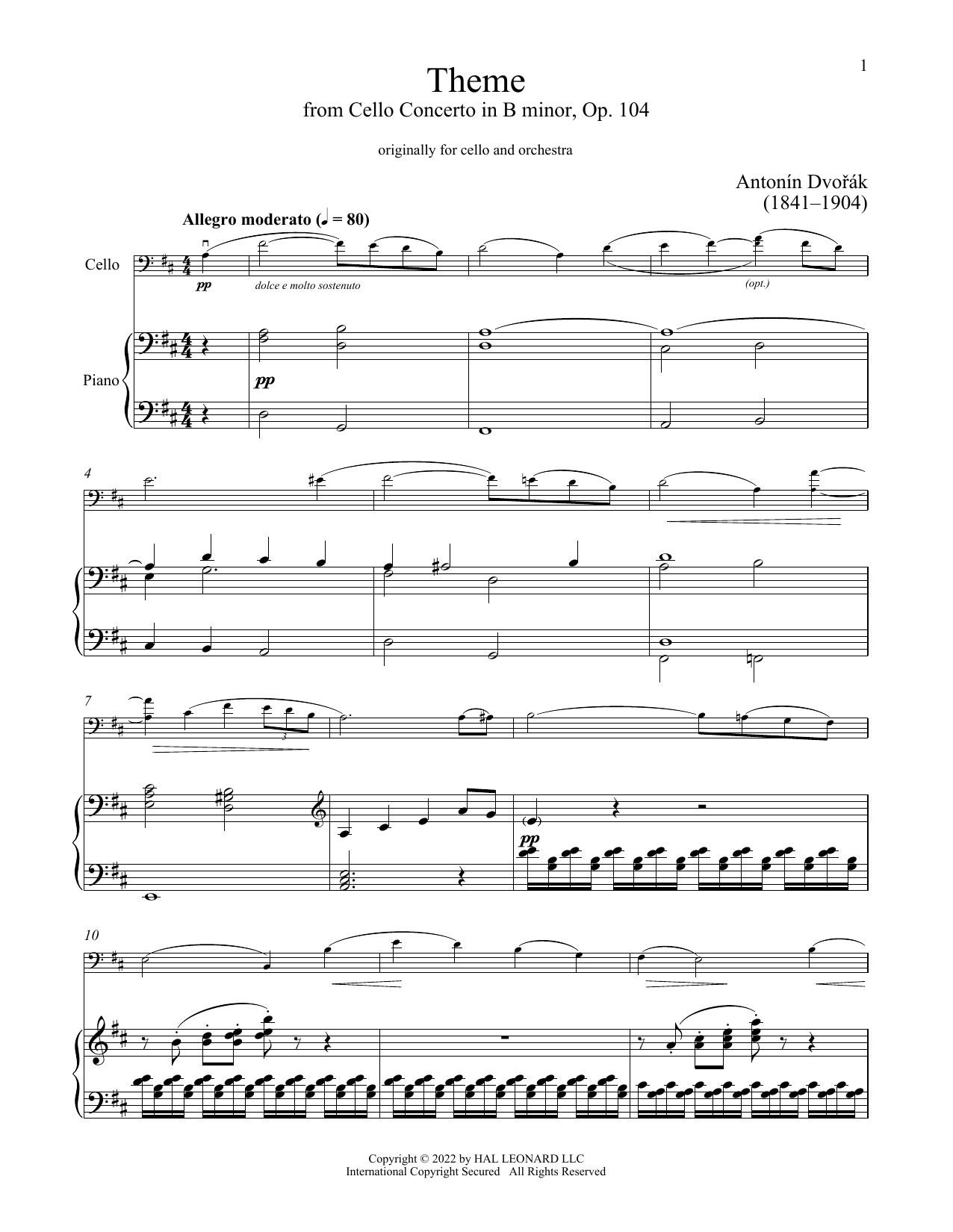 Antonin Dvorak Cello Concerto In B Minor, Op. 104 sheet music notes and chords arranged for Easy Piano