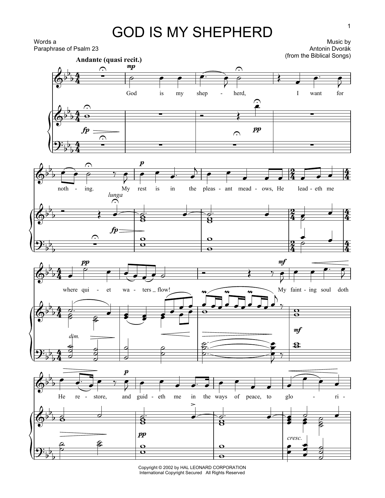 Antonin Dvorak God Is My Shepherd sheet music notes and chords arranged for Piano & Vocal