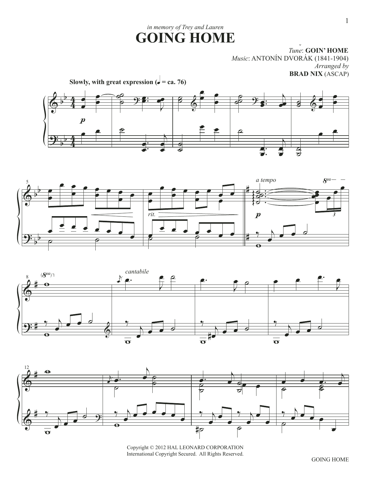 Antonin Dvorak Going Home (arr. Brad Nix) sheet music notes and chords arranged for Piano Solo