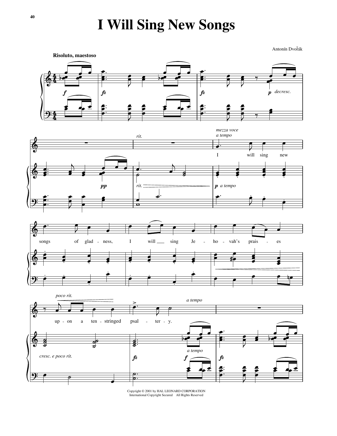 Antonin Dvorak I Will Sing New Songs sheet music notes and chords arranged for Piano & Vocal