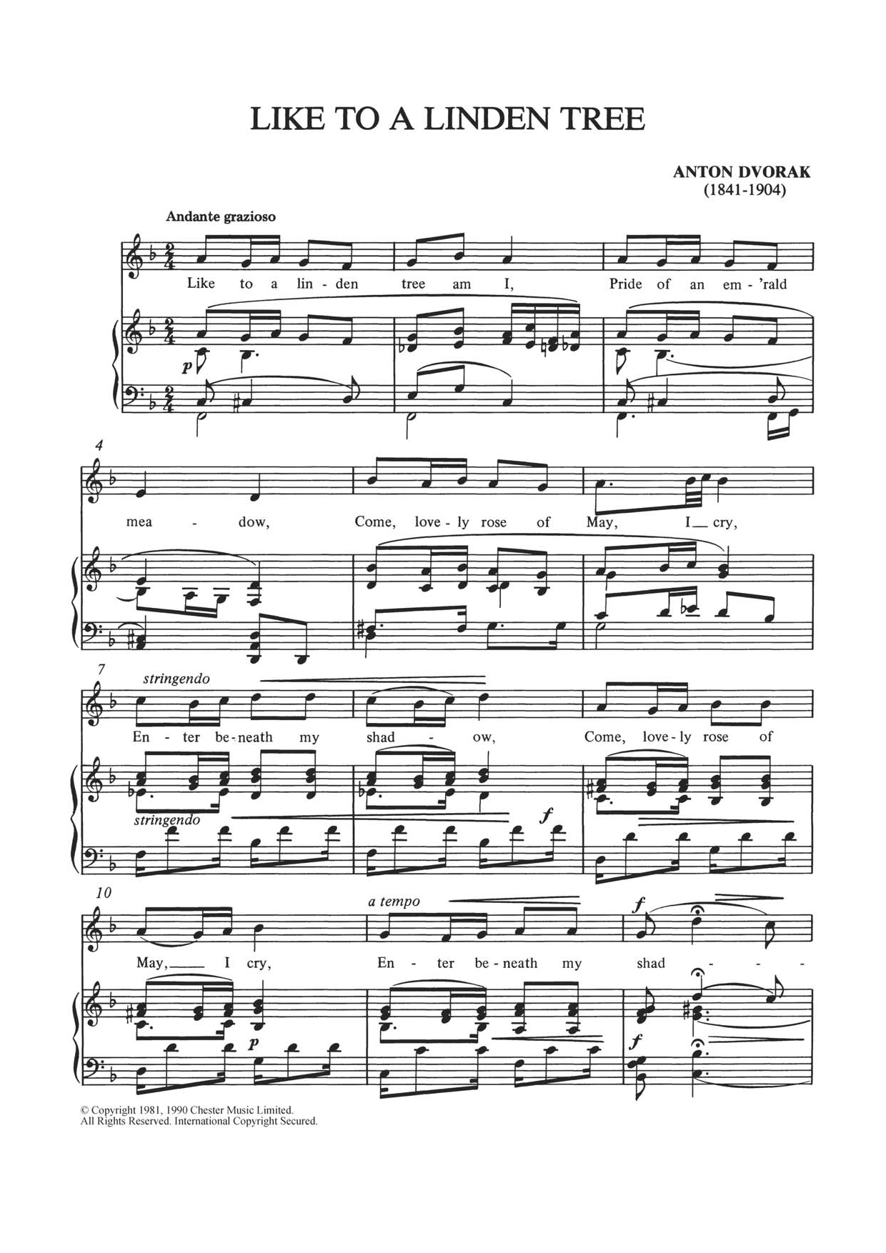 Antonín Dvorák Like To A Linden Tree sheet music notes and chords arranged for Piano & Vocal