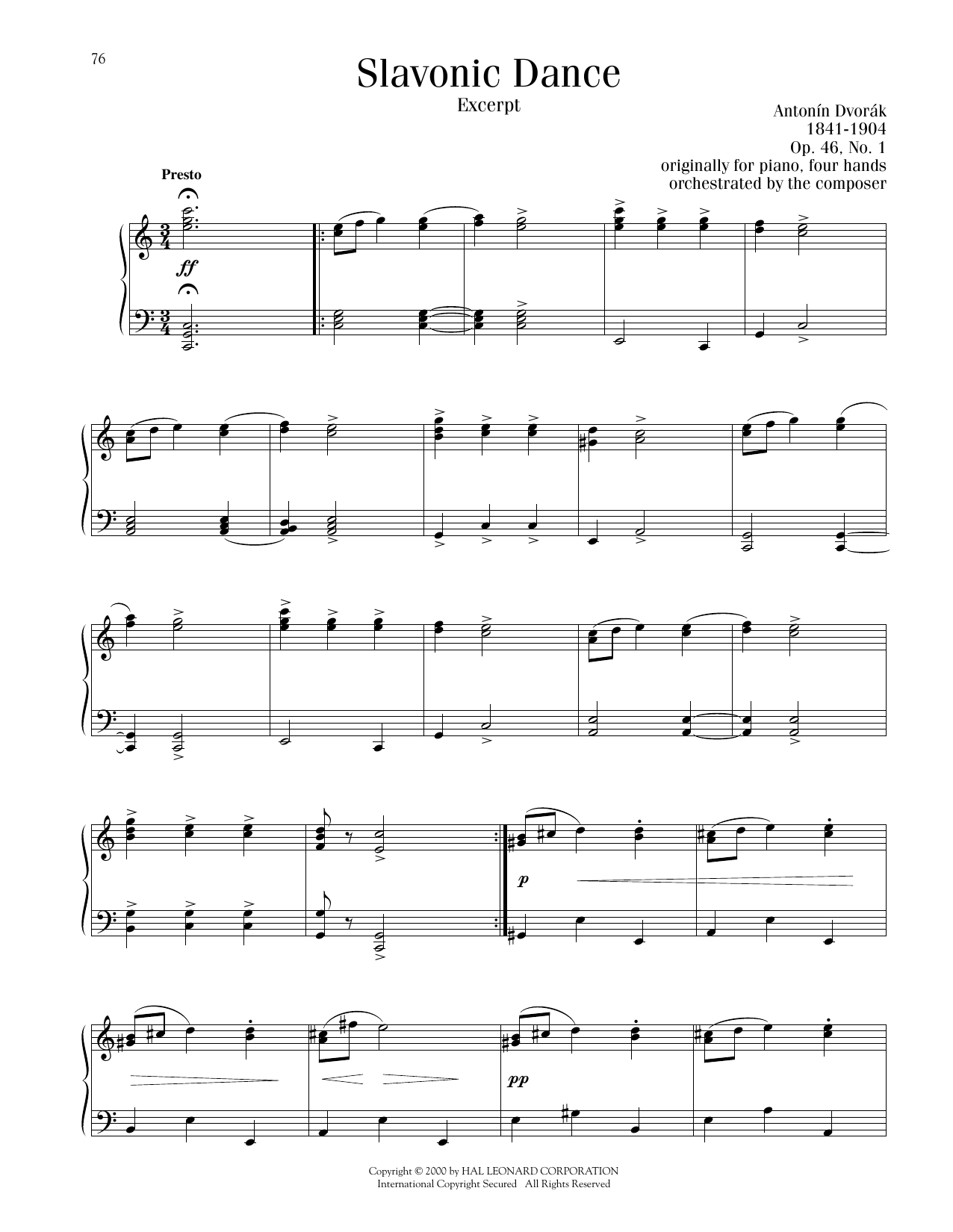 Antonin Dvorak Slavonic Dance #1 sheet music notes and chords arranged for Piano Solo