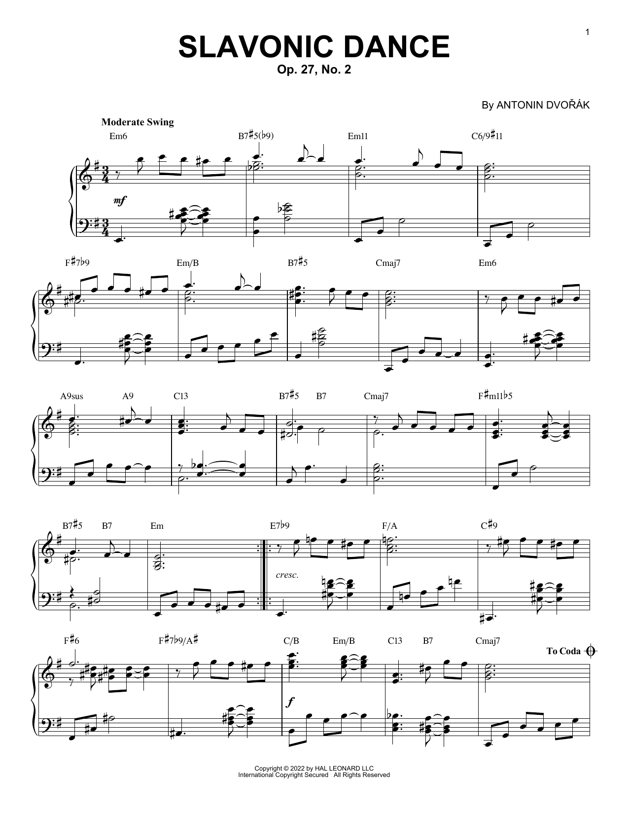 Antonin Dvorak Slavonic Dance #2 [Jazz version] (arr. Brent Edstrom) sheet music notes and chords arranged for Piano Solo