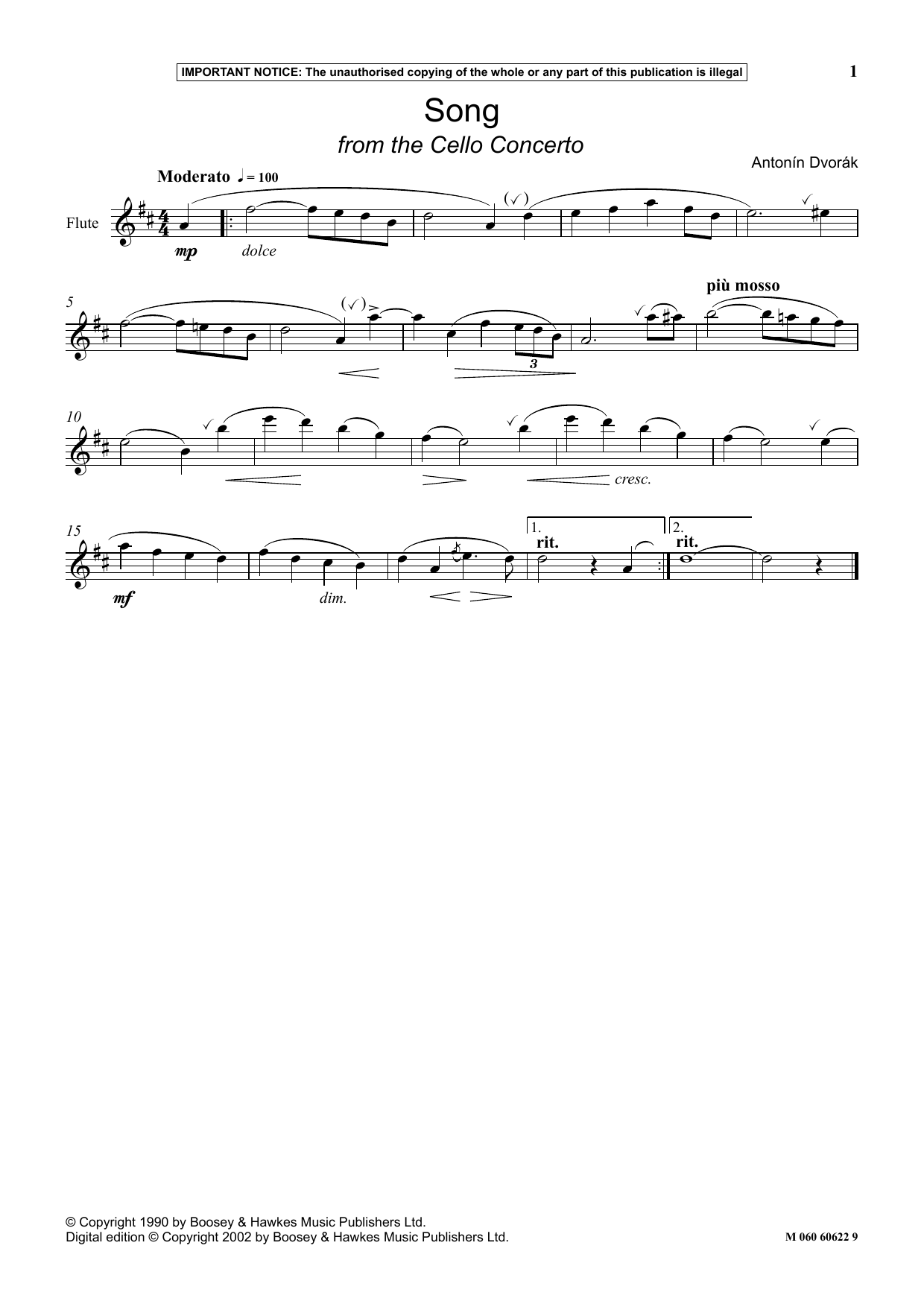Antonín Dvorák Song (from The Cello Concerto) sheet music notes and chords arranged for Instrumental Solo