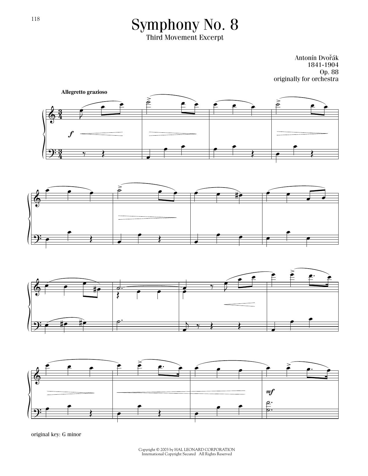 Antonin Dvorak Symphony No. 8 in G Major, Third Movement sheet music notes and chords arranged for Piano Solo