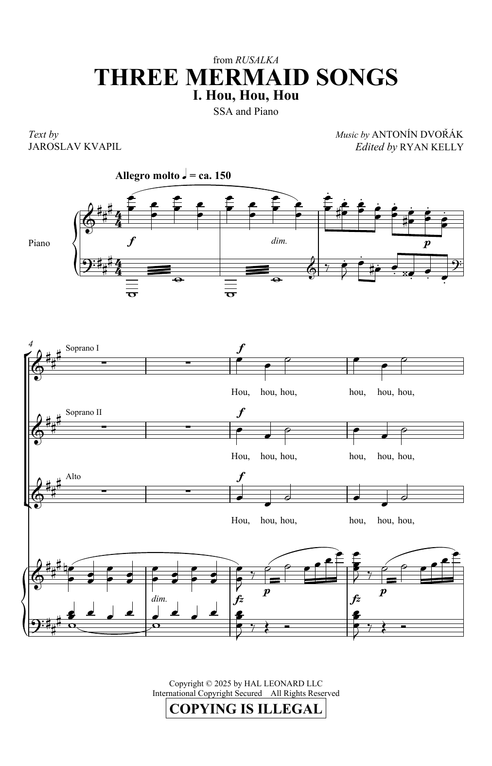 Antonín Dvorák Three Mermaid Songs (from Rusalka) sheet music notes and chords arranged for SSA Choir