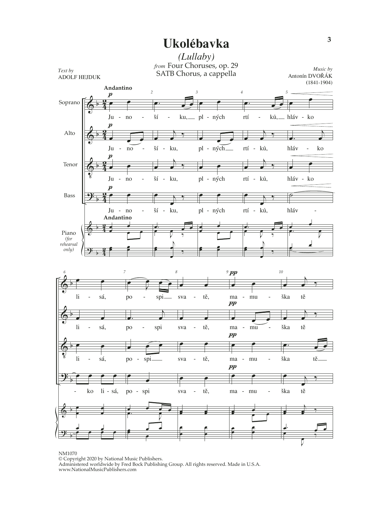 Antonin Dvorák Ukolebavka (Lullaby) sheet music notes and chords arranged for SATB Choir