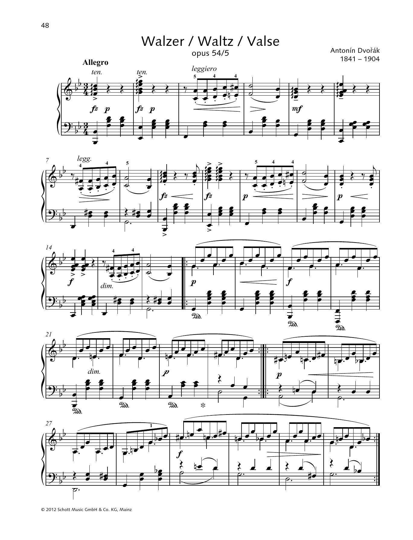 Antonín Dvorák Waltz sheet music notes and chords arranged for Piano Solo